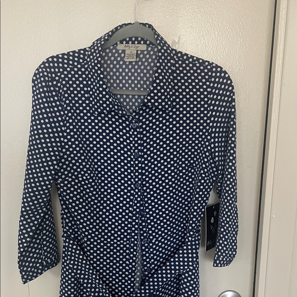 Navy Polka Dot Long Sleeve Dress